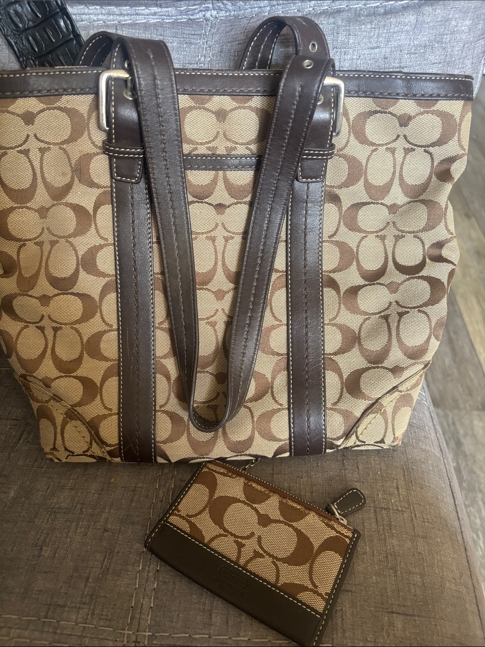 Coach Signature Jacquard Tote Bag Brown + Matching Mini Skinny Wallet 2008 Y2K - Picture 1 of 13